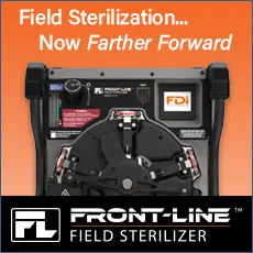 A field sterilizer is shown with the words " field sterilization, now farther forward ".