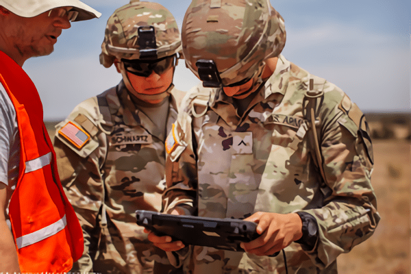 Two soldiers looking at a tablet computer.
