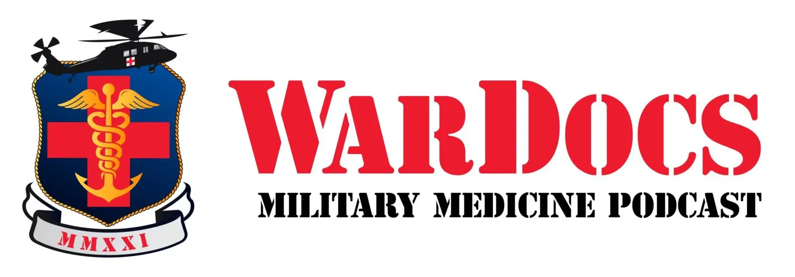Logo of 'wardocs military medicine podcast' featuring a crest with medical symbols and the year mmxxi.
