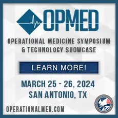 A blue and white banner with the words " opmed operational medicine symposium & technology showcase ".