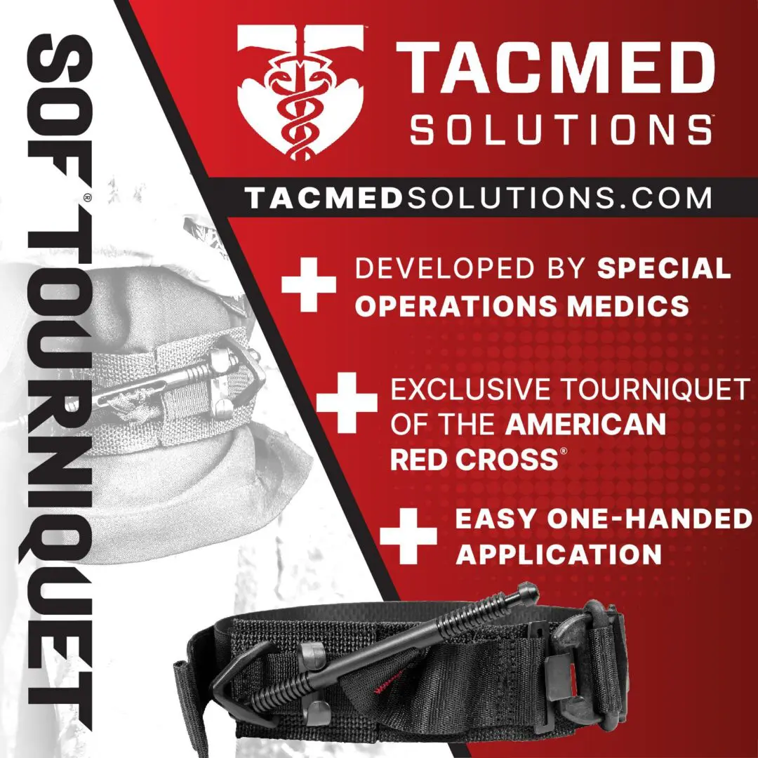 An advertisement for the softt-w tourniquet by tacmed solutions, highlighting its design by special operations medics, approval by the american red cross, and easy one-handed application.