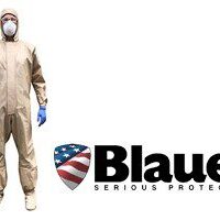 A man in a protective suit with the word blauer on it.
